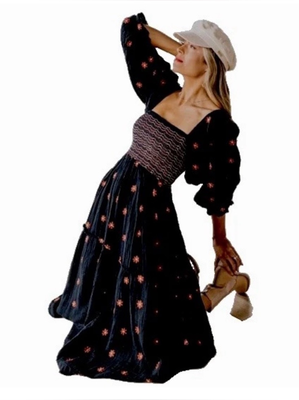 Free People Dahlia Embroidered Maxi Dress S /M Tiered Smocked Black Combo Boho